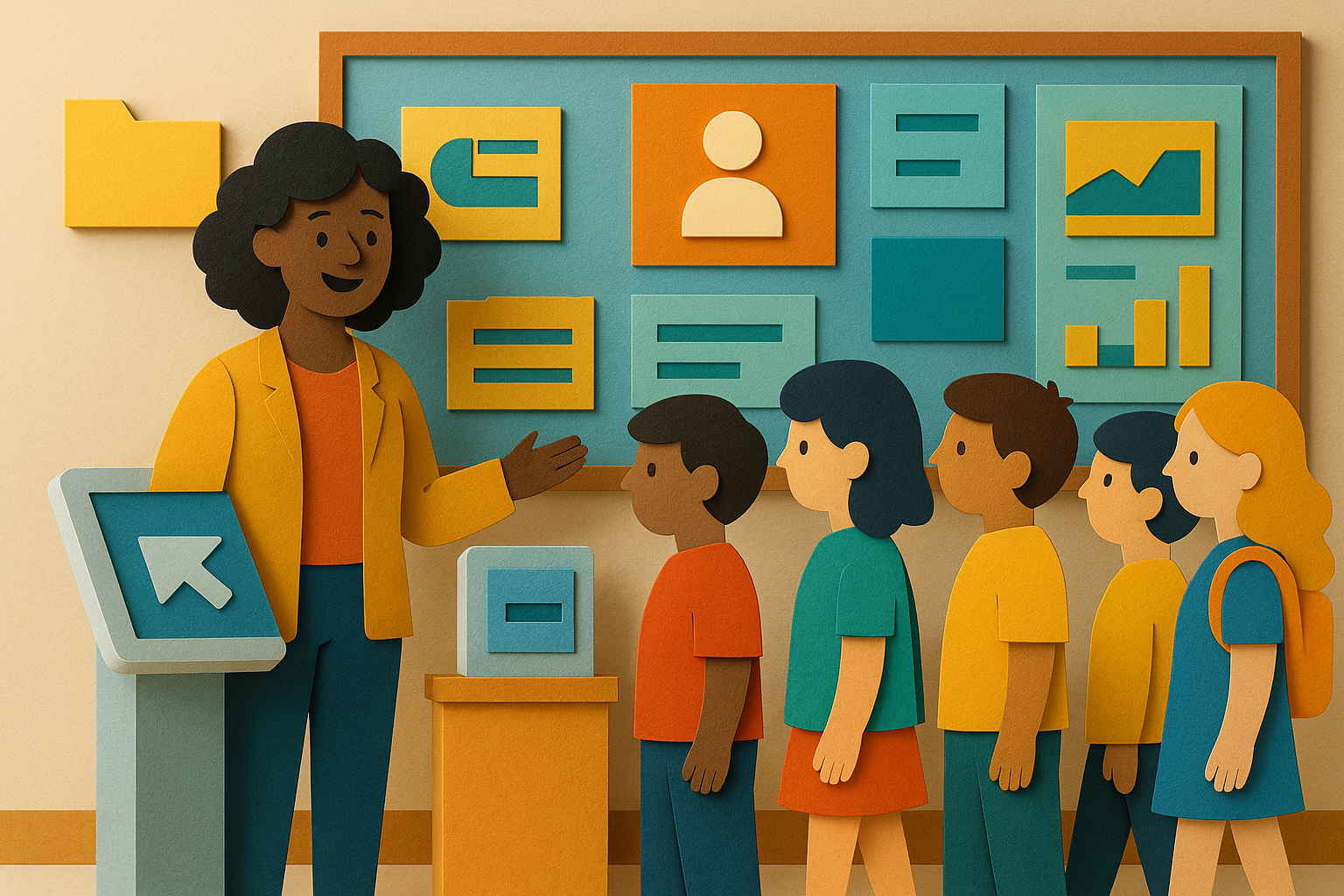 Afterschool attendance specialist checking student attendance records in a classroom setting