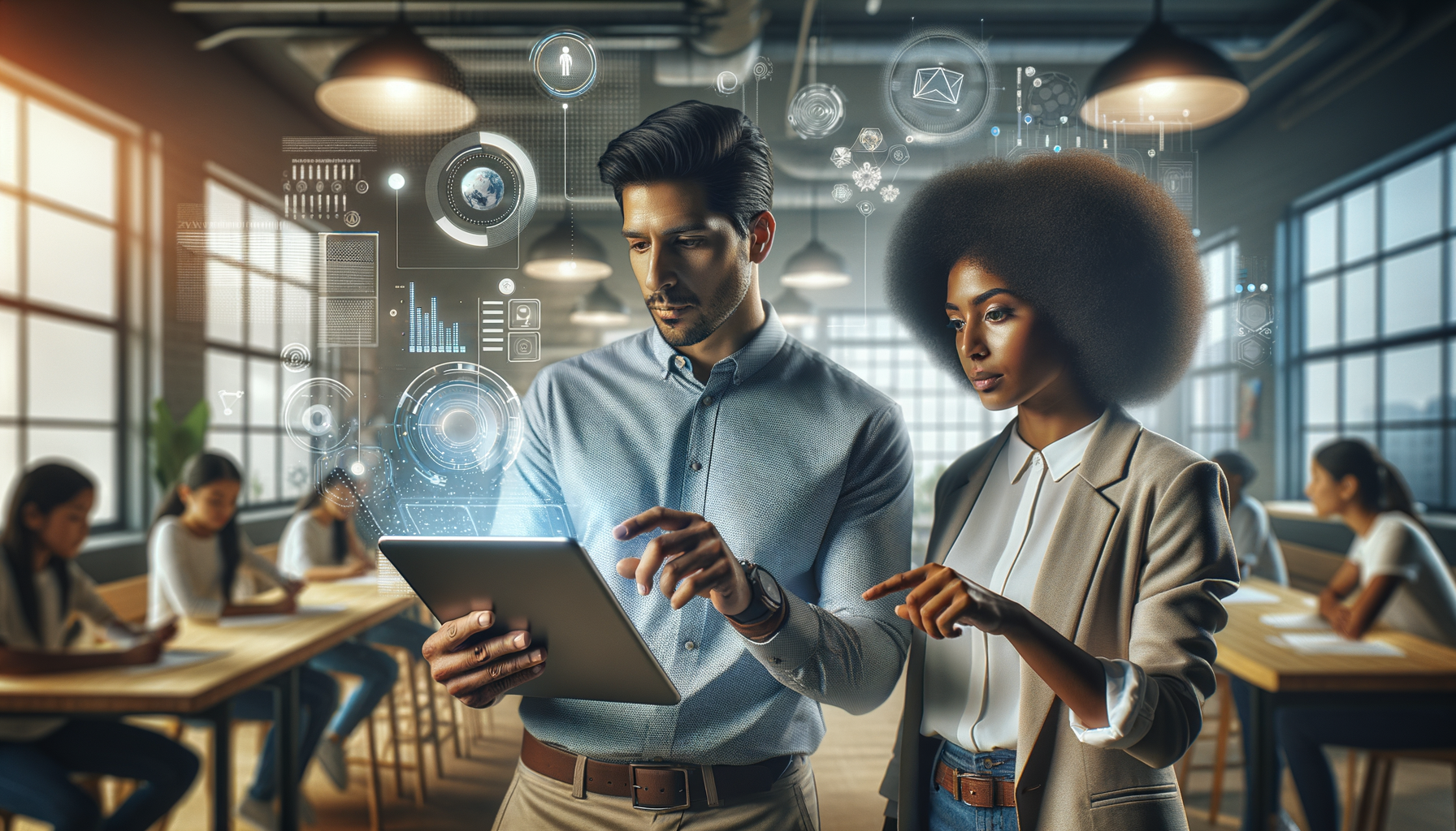 Educators and technology professionals collaborating on software prototypes in a modern afterschool program setting, showing the iterative design process