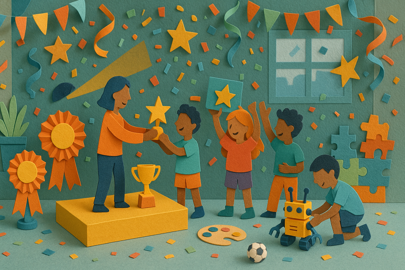 Afterschool program staff celebrating student achievements with awards and smiles