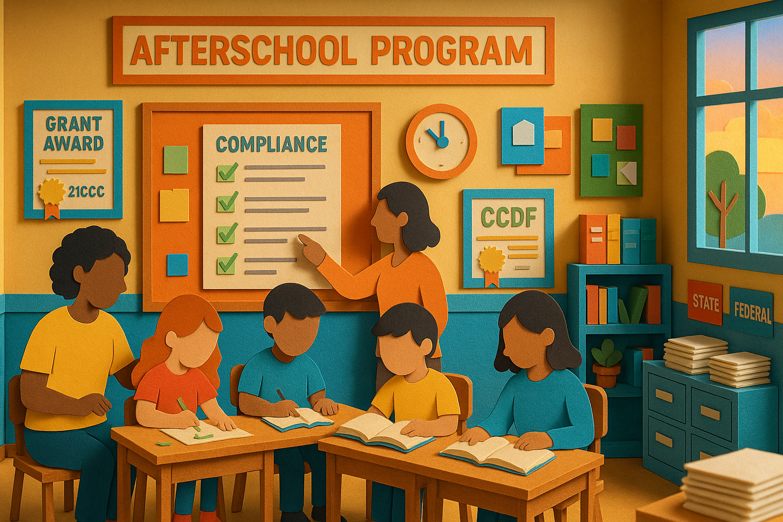 Afterschool program staff assisting children with activities in a classroom setting