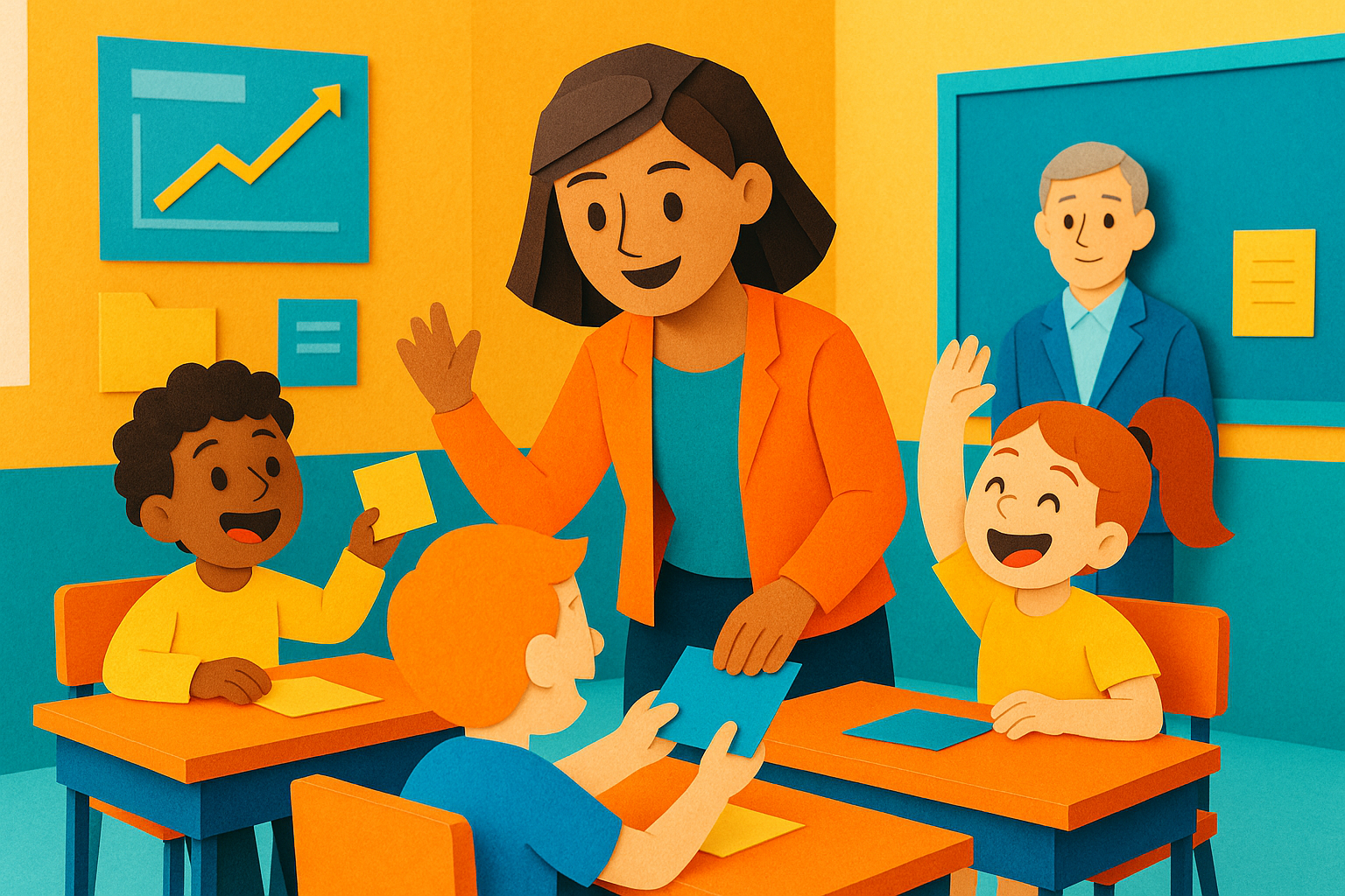 Afterschool teacher guiding students in a classroom during an engaging activity