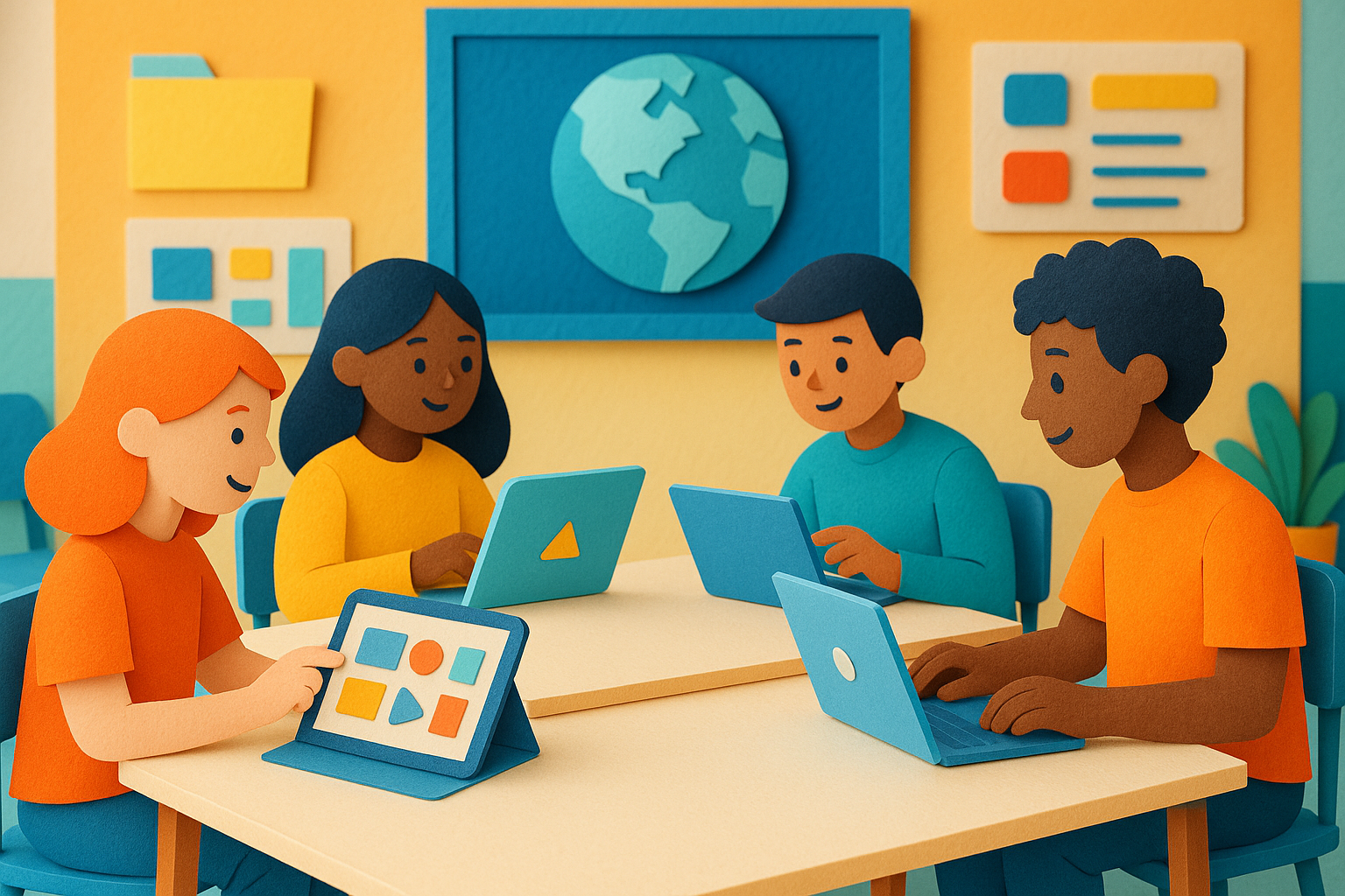 Students collaborating in a modern classroom using active learning techniques