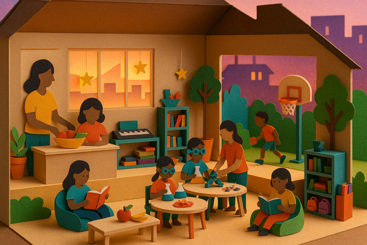 Children participating in afterschool activities with staff in a classroom setting