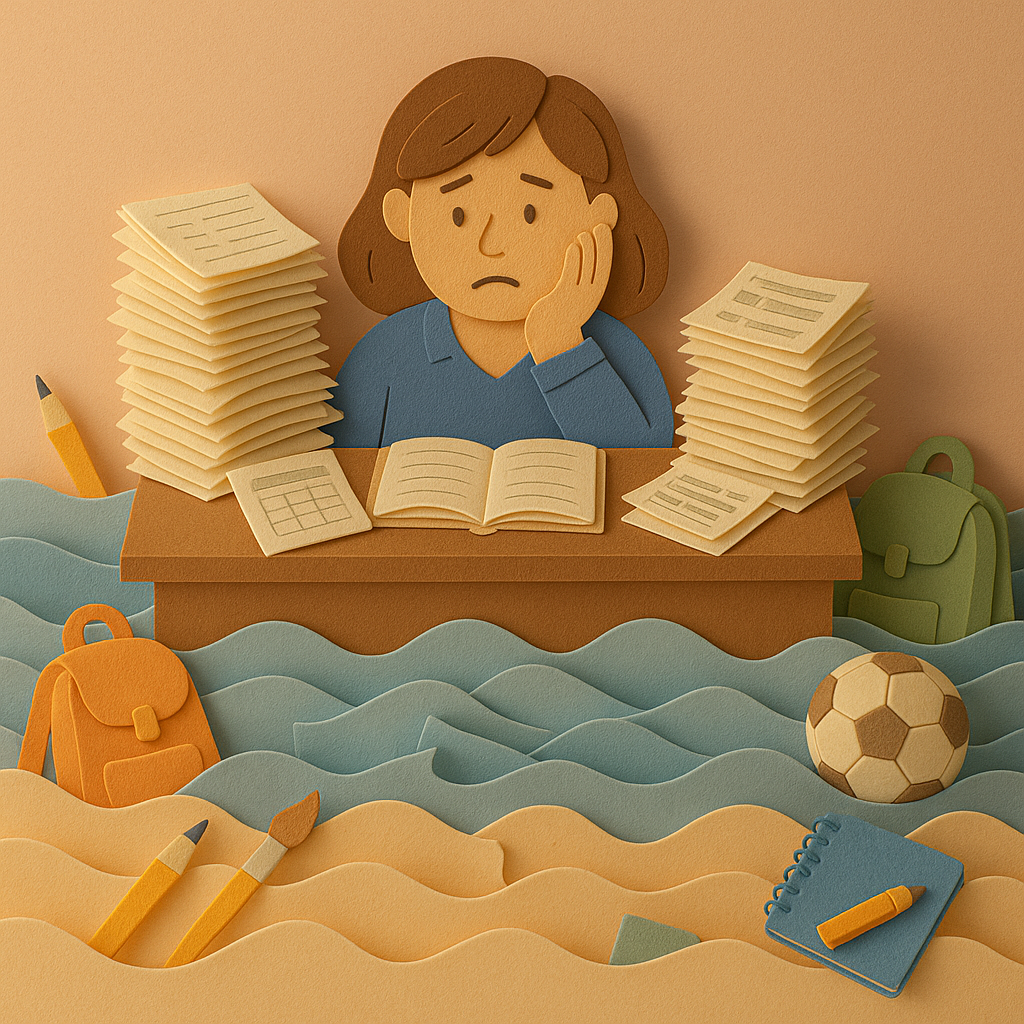 Illustration of an overwhelmed teacher drowning in paperwork.